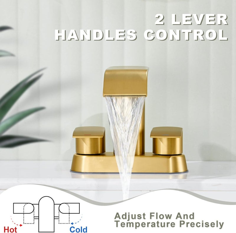 Ultimate Unicorn Bathroom Faucet for Sink Brushed Gold, 4 Inch Bathroom Sink Faucet for 3 or 2 Holes, 2 Handle Waterfall Faucets with Pop up Drain, Centerset Faucets for RV, Patent No. : US D983,326 S - Image 5